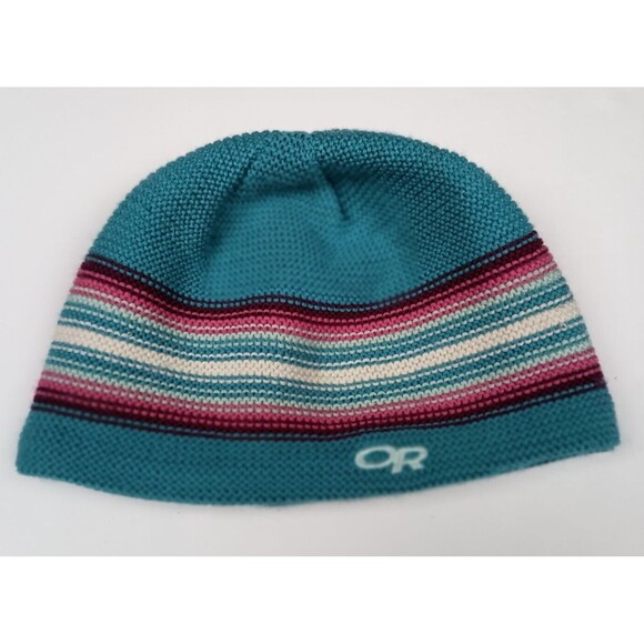 Outdoor Research Multicolor Knit Blue Wool Blend Stripe Beanie Hat Kids 6-12 M/L - Picture 1 of 7